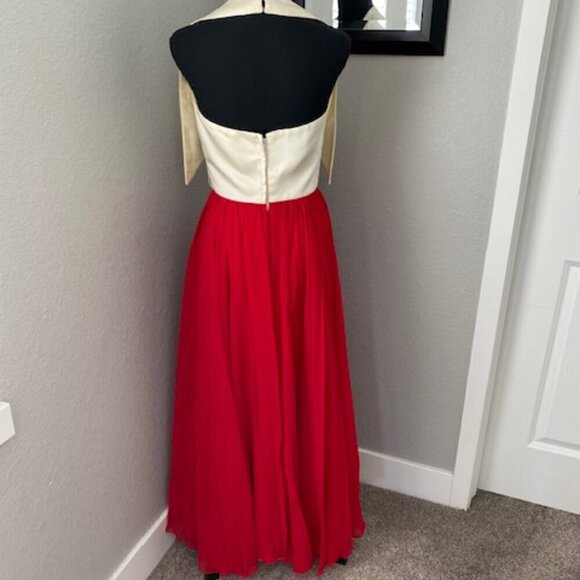 GORGEOUS Vintage 1960s Ivory Satin Halter Dress Red Chiffon Maxi Small 4 - Picture 11 of 16